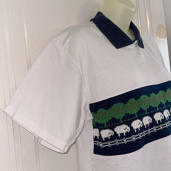 Vtg 80s Jerzees White Polo Type Shirt with Blue & Green Sheep & Trees Design - Picture 5 of 8